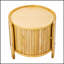 Table basse ronde pivotante moderne en rotin avec rangement dissimulé, idéale pour les espaces de vie élégants et fonctionnels.