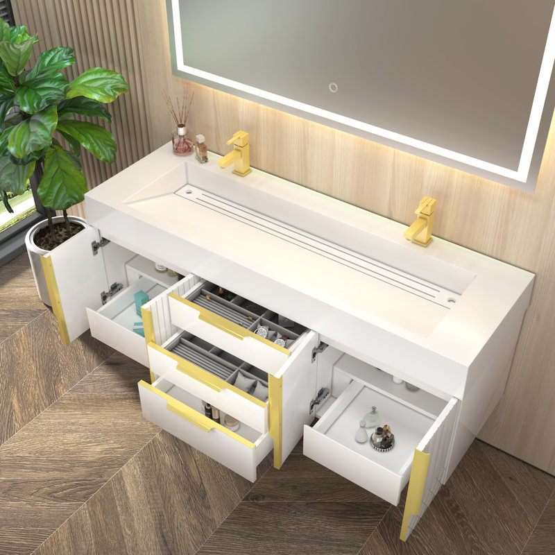 Milana  Floating Bathroom Vanity With Reinforced Acrylic Double Sink In Gloss White, 60"