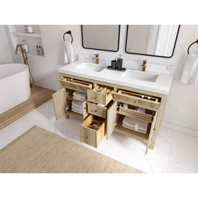 Meuble-lavabo double 60 po avec comptoir en quartz 60 po, Marbre de Carrare