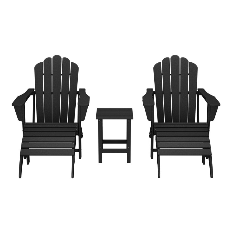 Outdoor Poly Adirondack Chair With Side Table And Ottoman 5-Piece Set, Black