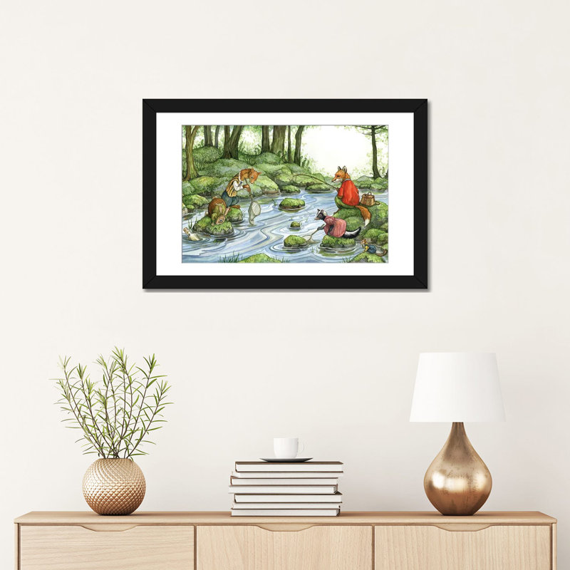 Fishing With Hector Fox And Friends, 16" H x 24" W x 1" D, White, Black Open Corner Framed Paper