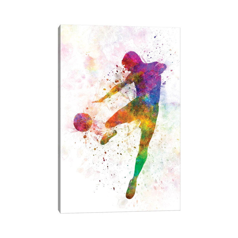 «Man Soccer Football Player Flying Kick III» par Paul Rommer - peinture sur toile tendue, H 40 po x l 26 po x P 1,5 po