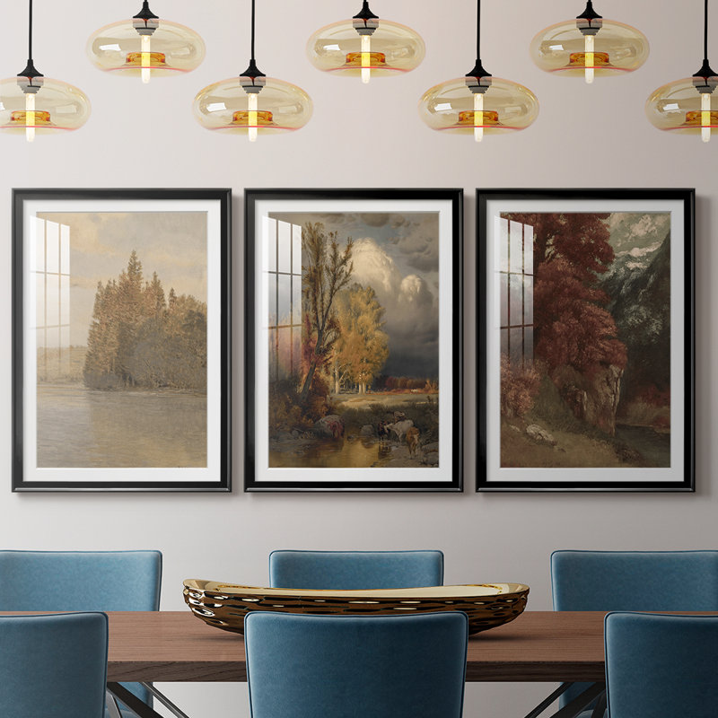 Paysage rétro CLXV III - impression encadrée de qualité supérieure sur mesure mat - 3 pièces, Noir, H 19 po x l 27 po