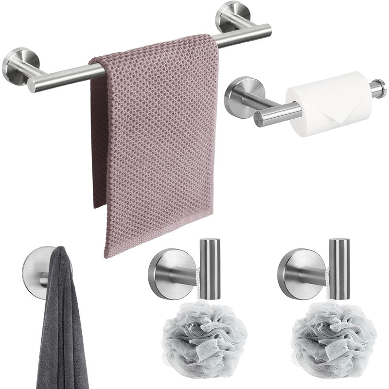 5-Piece Bathroom Hardware Set, SUS 304 Stainless Steel Towel Bar Set With 16-Inch Towel Rod, Toilet Paper Holder And 3 Multi-Functional Hooks
