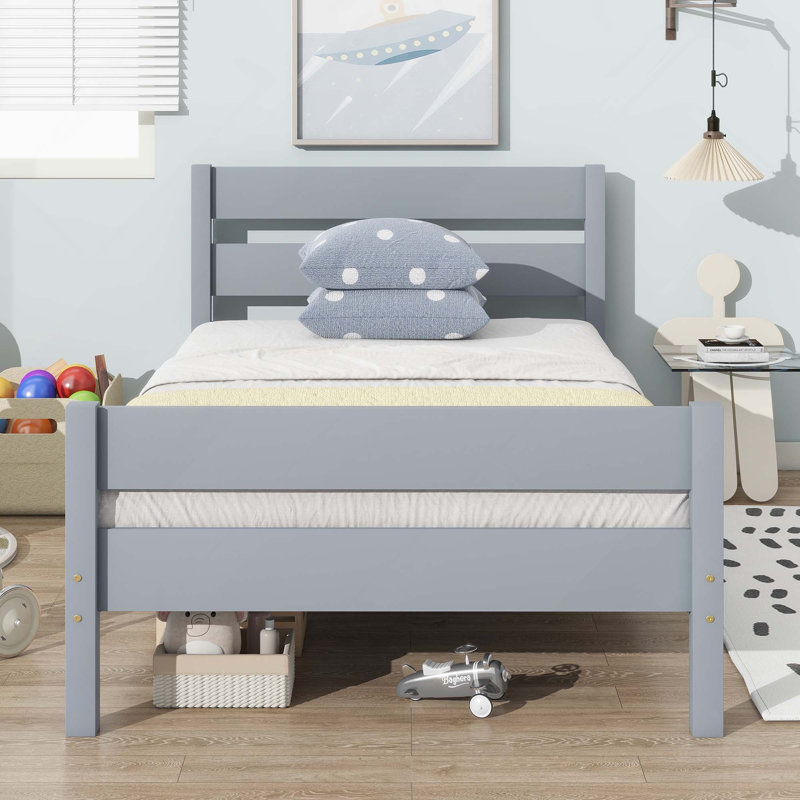 Lit simple avec tête et pied de lit, lit en bois d'hévéa, Gris