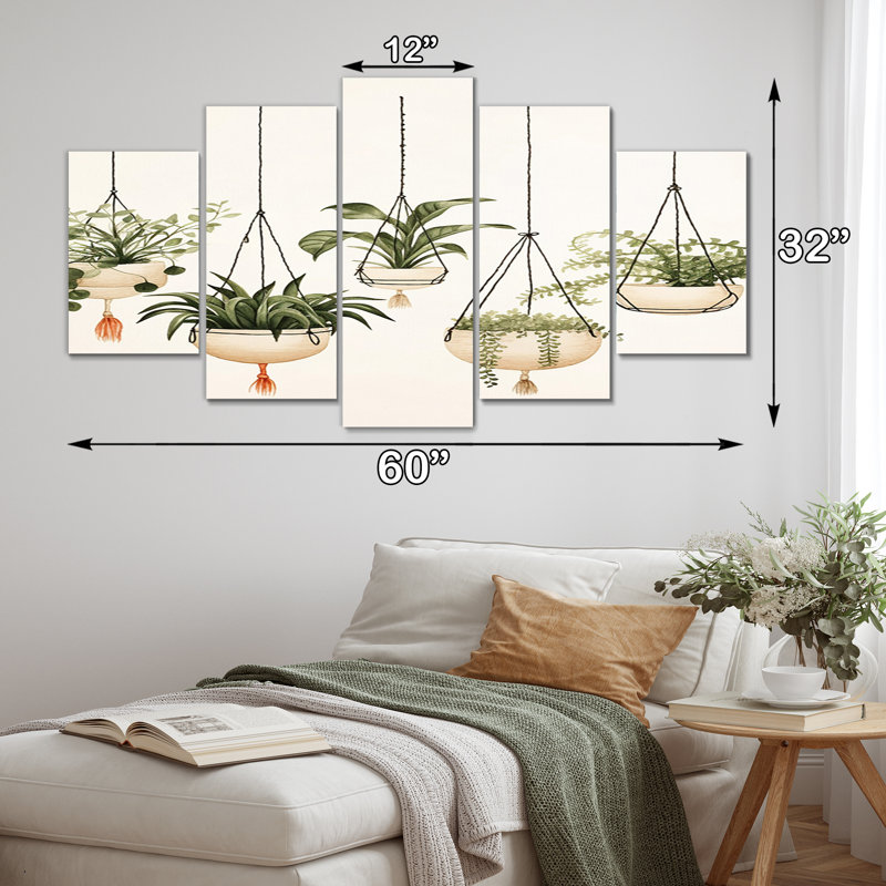 «Hanging Houseplants» Boho Botanical Watercolor V - Abstract Botanicals Wall Art Living Room - 5 Panels