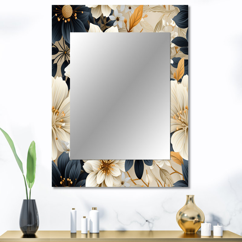 Blue And Beige Flowers Chrysanthemums Pattern - Floral Mirror Wall Decor, 40" x 30"