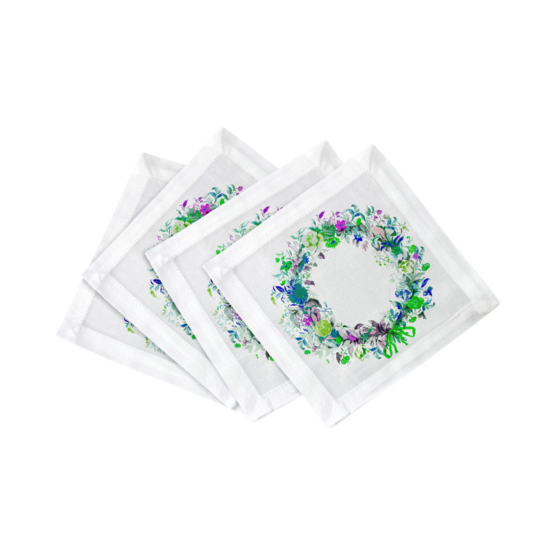 Wreath Flowers Cotton Sateen Cocktail Napkins, Blue