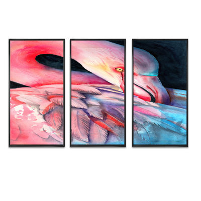Un magnifique flamant rose avec des plumes roses et bleues - ensemble d'art mural sur toile traditionnel encadré de 3