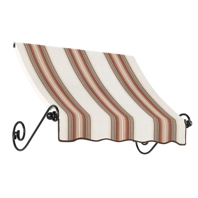 Awntech Charleston Acrylic Fabric Awning with Iron Scroll Arms, 24" H x 64.5" W x 36" D, Brown/Tan/Terracotta Multi