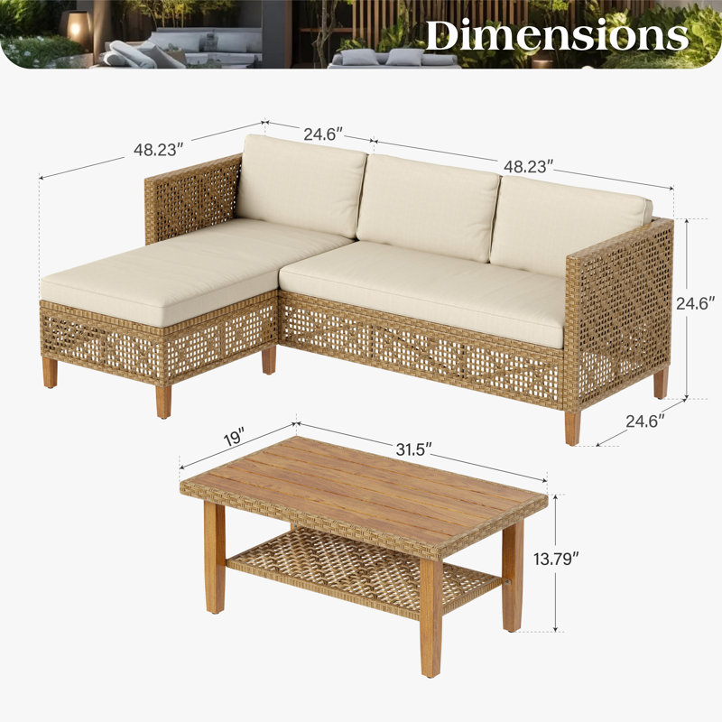 Outdoor Wicker Patio Conversation Furniture Set With Acacia Wood Coffee Table, Beige