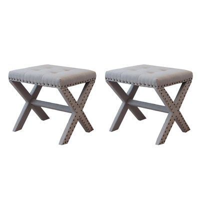Tabouret décoratif, chaise capitonnée en lin capitonné, siège en bois à base en X avec garniture cloutée, P 17 po x l 19 po x H 17 po, capacité de 300 lb