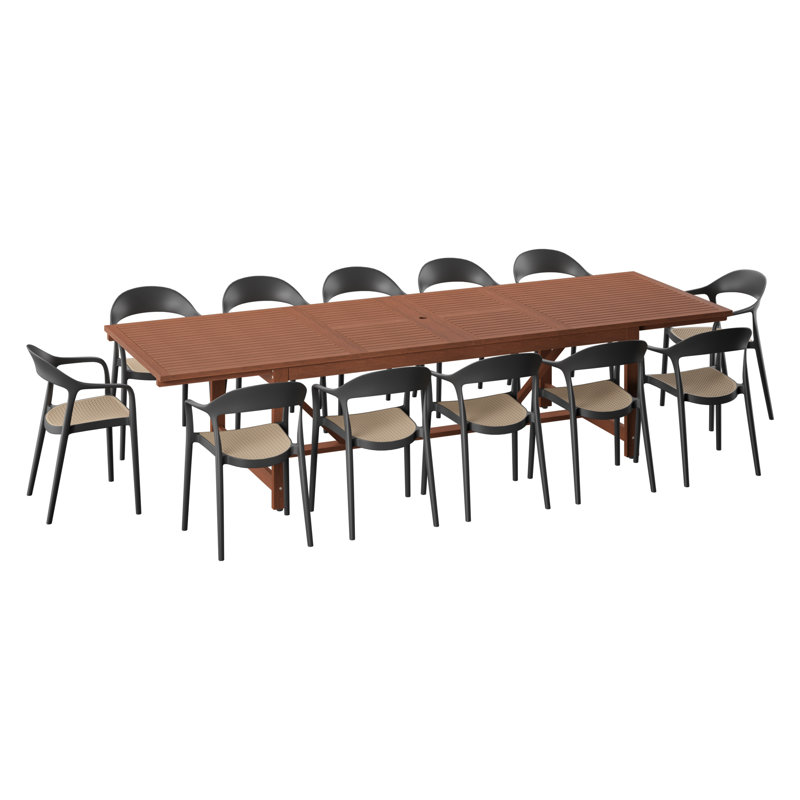 Ensemble de table de salle à manger extensible rectangulaire 13 pièces Whately | Finition teck | Idéal pour le patio, la table et les chaises noires