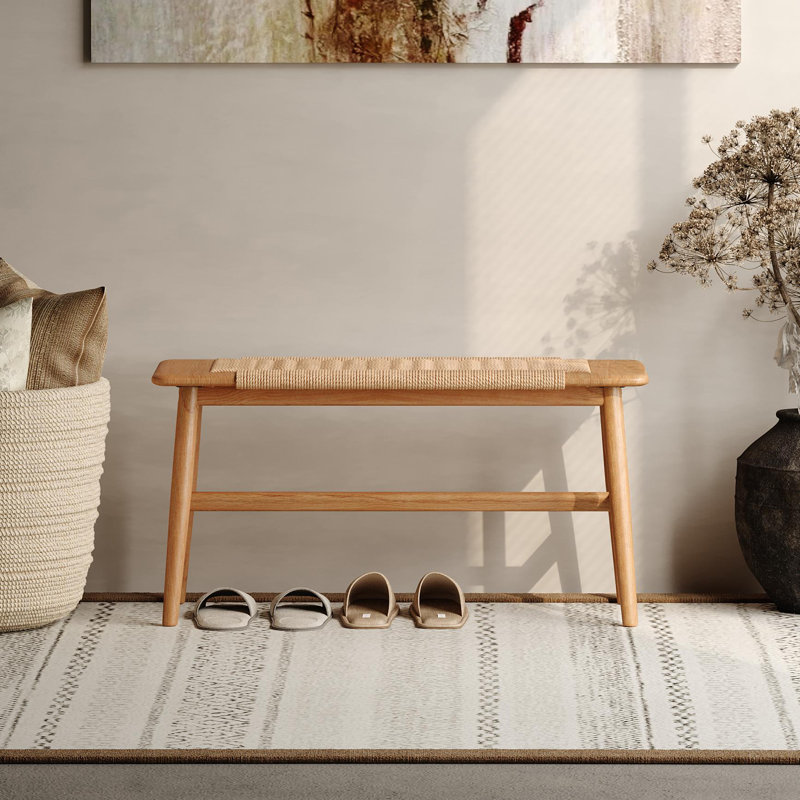 Solid Oak Wood Bench With Woven Seat, Oak, 15.98" H x 43.31" W x 11.82" D