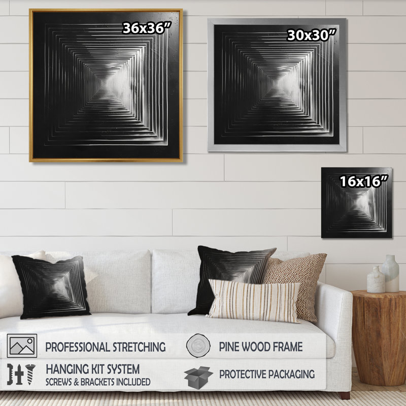 Pyramide monochrome - art mural géométrique, H 36 po x l 36 po x P 1,5 po, Cadre flottant noir