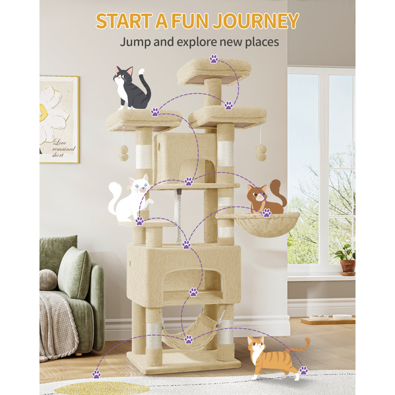 Cat Tree for Indoor Cats, 176cm Large Cat Tower, Multi-layer Scratching Post with 3 Platforms, 2 Caves, 7 Sisal Posts, Hammock, Pompoms, Heavy-Duty for Multi-Cat Homes
