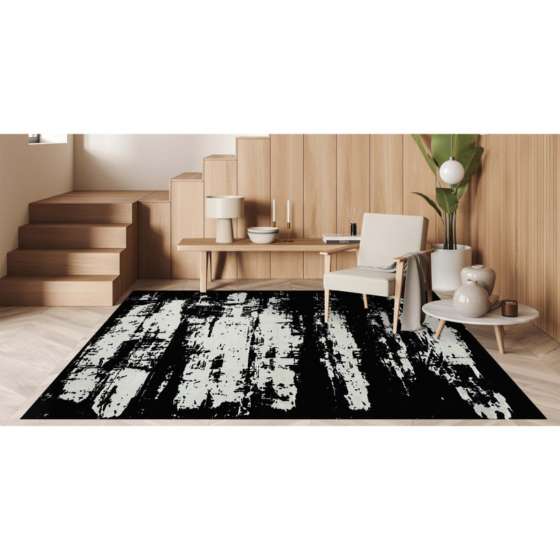 Tapis rectangulaire noir / blanc noué à la main, Rectangle 6 pi x 9 pi