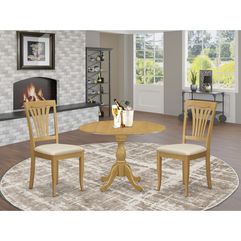 3 Piece Dining Table Set Contains a Round Dining Table with Dropleaf and 2 Linen Fabric Chairs, Oak, 3 Pieces