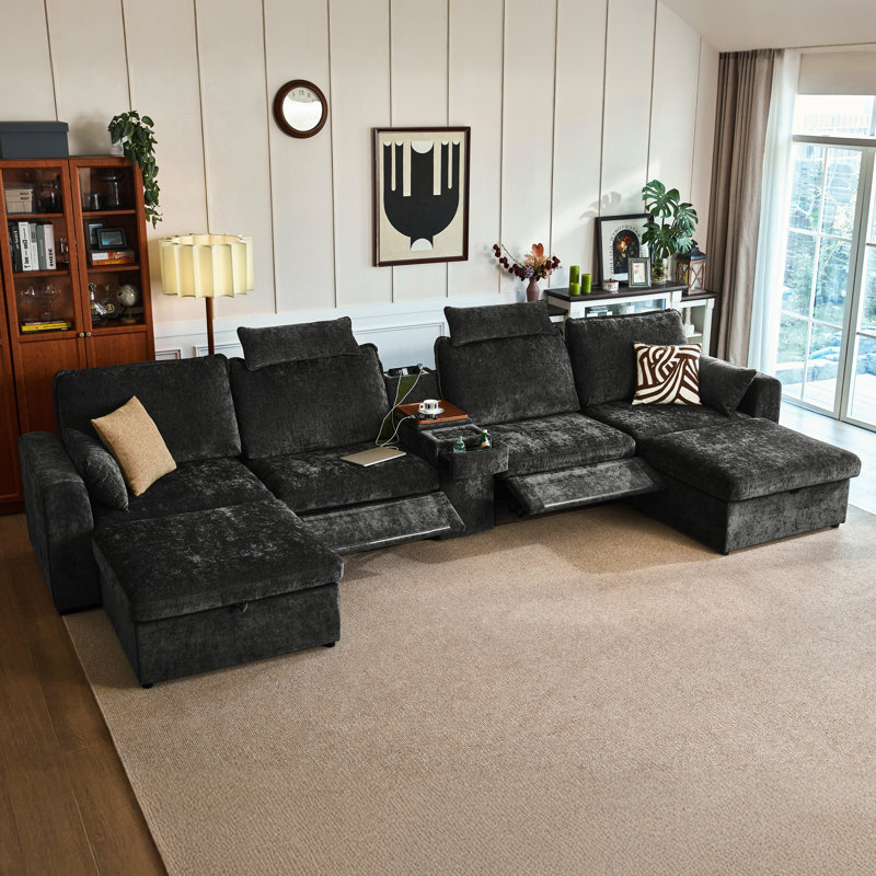 Olar 6-seater Chenille Oversized Modular Power Recliner Sofa With Headrest Deep Cloud Couch With Table Charging Cup Holders Convertible U-shaped Sectional With 2 Storage Ottomans