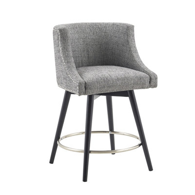 Tabouret gris avec garniture cloutée argentée - pivotant à 360 °, rembourré, pieds en bois massif, siège pivotant en mousse et anneau en métal rotatif, repose-pieds