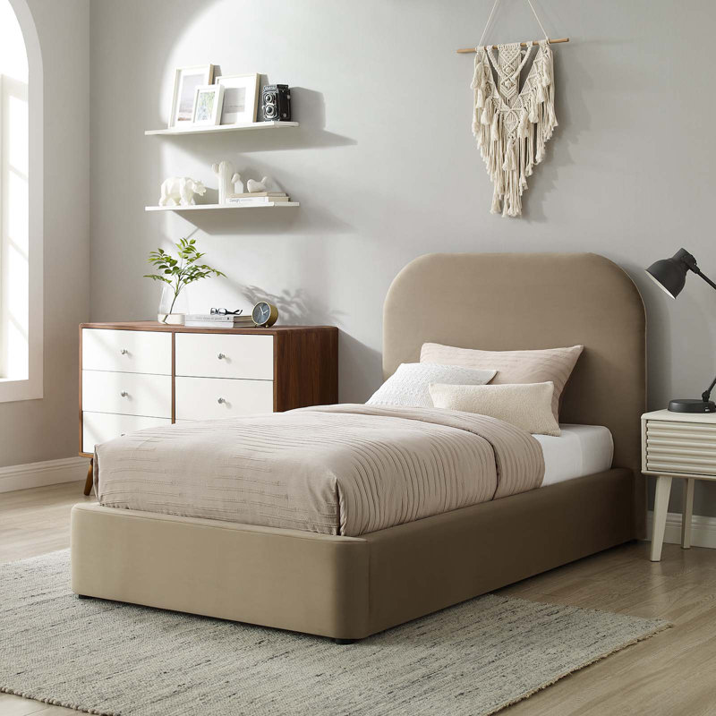 Keynote Upholstered Fabric Curved Platform Bed, Twin, Taupe