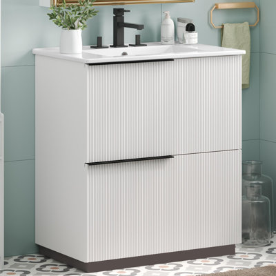 30" Bathroom Vanity with Ceramic Sink and Full-Extension Drawers, Soft Close Undermount Drawer Slides, Fluted Design