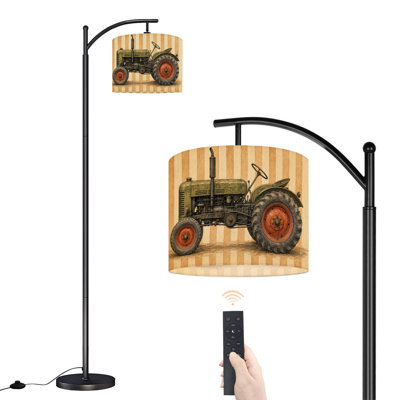 Dimmable LED Arc Standing Floor Lamp Vintage Green Tractor Retro Striped, Height Adjustable Lamp Shade with Remote Controller, for Living Room Bedroom Office