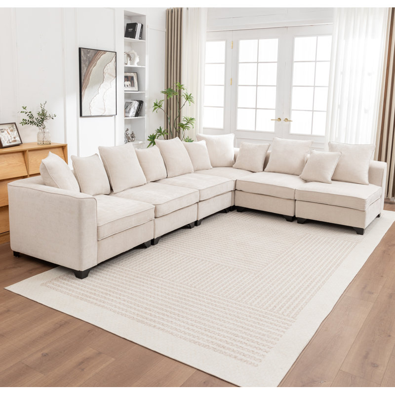 Kempson 6 - Piece Upholstered L-shaped Modular Sectional Sofa, Beige Polyester