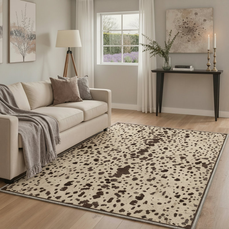 Cielo Animal Print Cowhide Machine Washable Mocha Beige Indoor Area Rug with Non-Slip Backing, Rectangle 8' x 10'