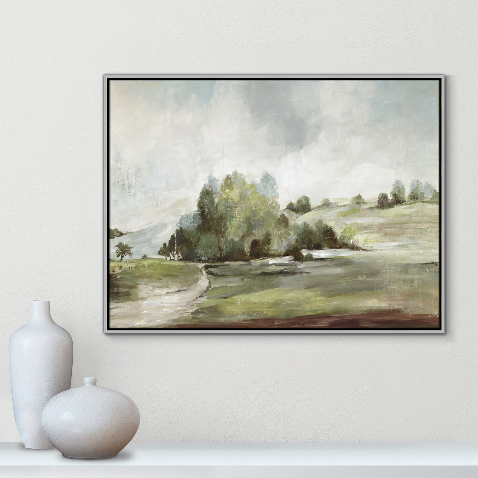 Green Country Road by Allison Pearce - Floater Frame Print on Canvas, 31.5" H x 41.5" W, Silver