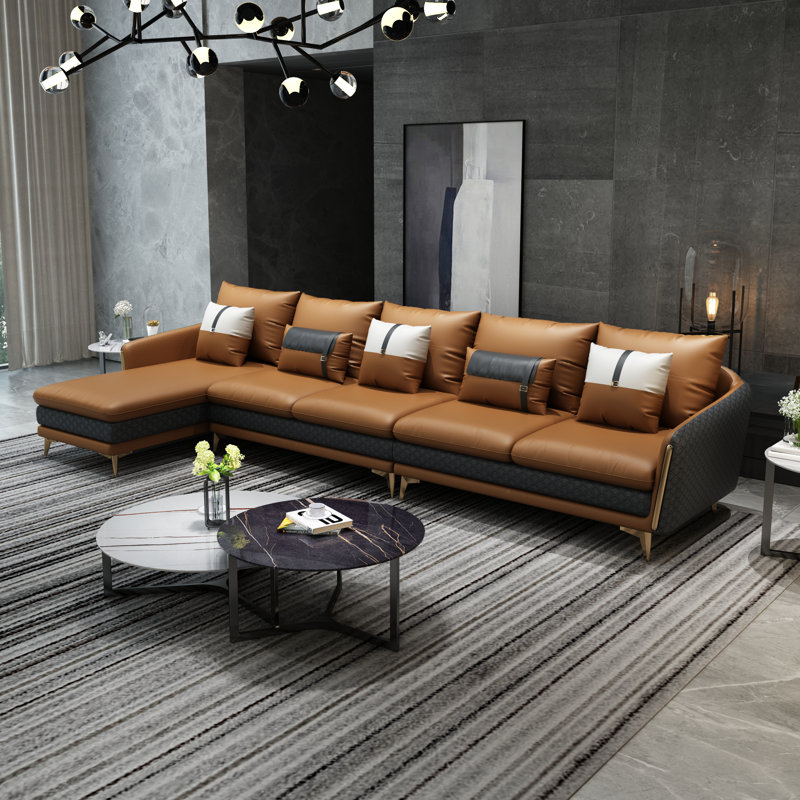 Ellaville Upholstered Sectional, Camel/Dark Gray Genuine Leather, Left Hand Facing