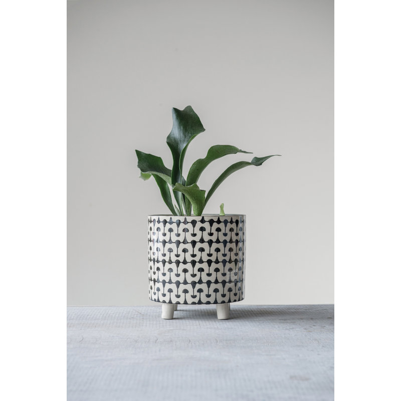 Shyann Round Stoneware Planters with Geometric Prints, Black