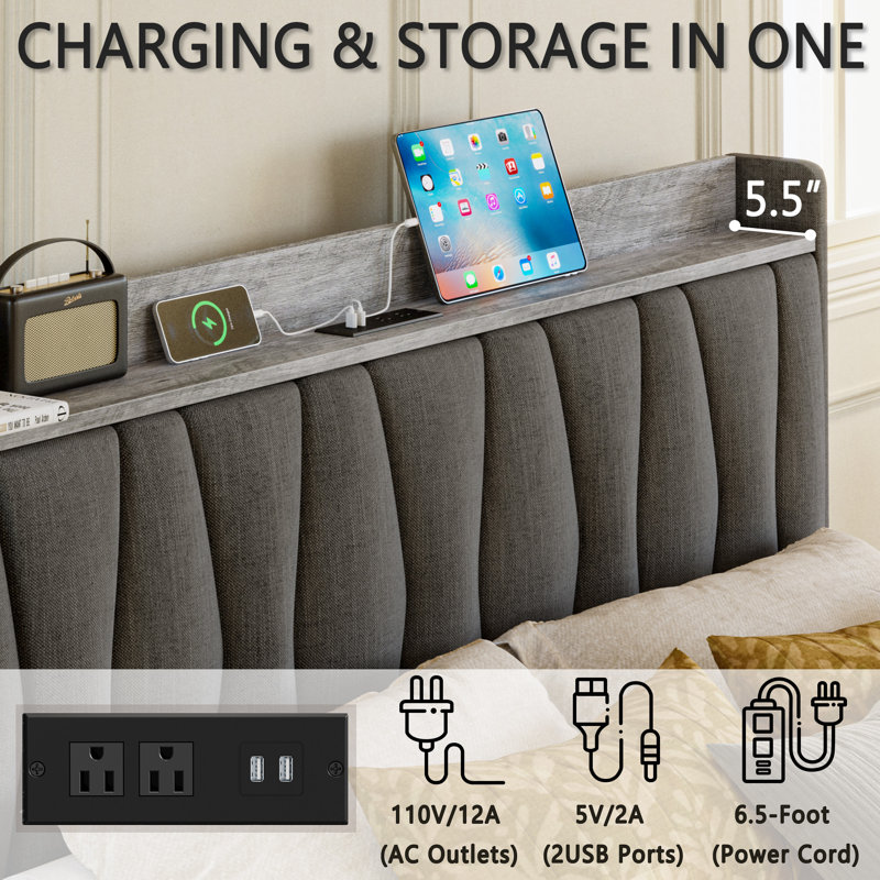 Ivy Bronx Upholstered Bed Frame with Storage & Charging