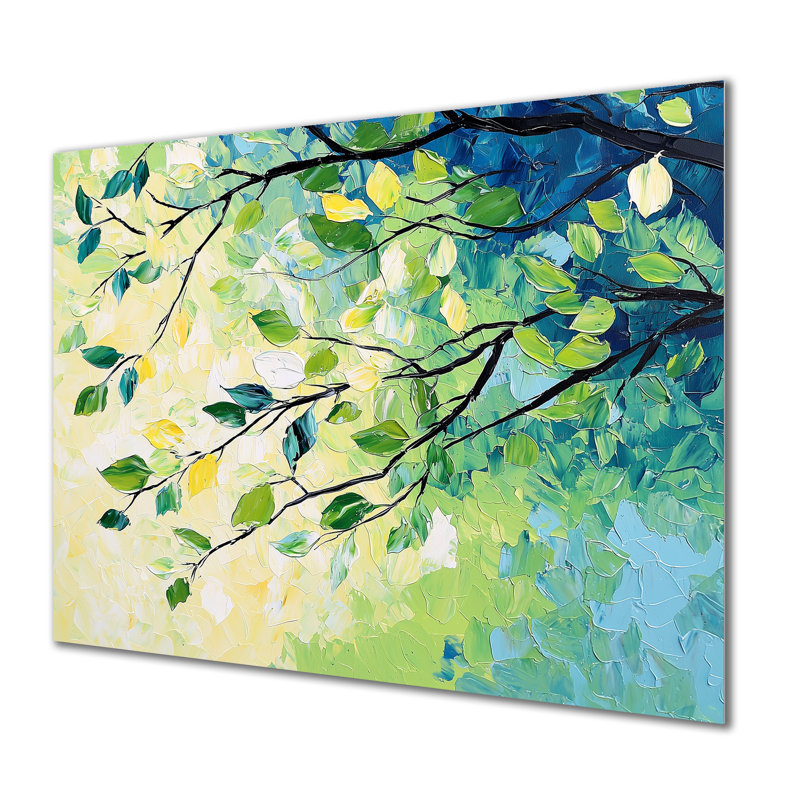 «Summer Green Branches In The Wind I - Leaves», art mural en métal, impression traditionnelle sur métal, H 12 po x l 20 po