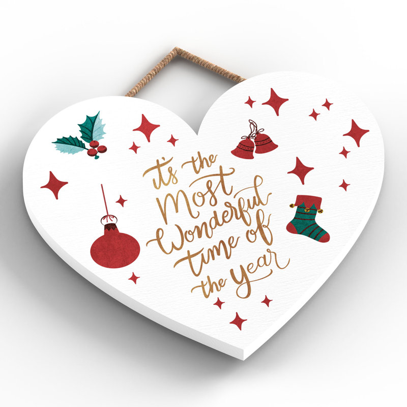 Xmas the Most Wonderful Time Heart Wooden Plaque, 16cm H x 17cm W x 0.9cm D
