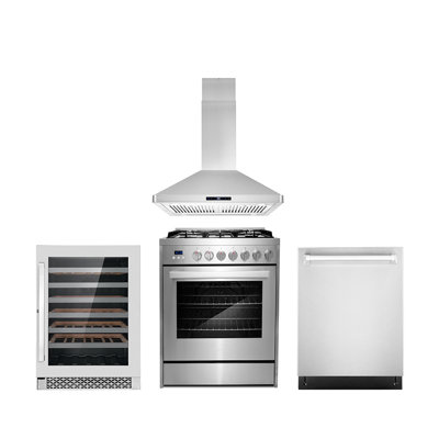 Cosmo 4 Piece Kitchen Appliance Package with 30'' Gas Freestanding Built-In Island Range Hood