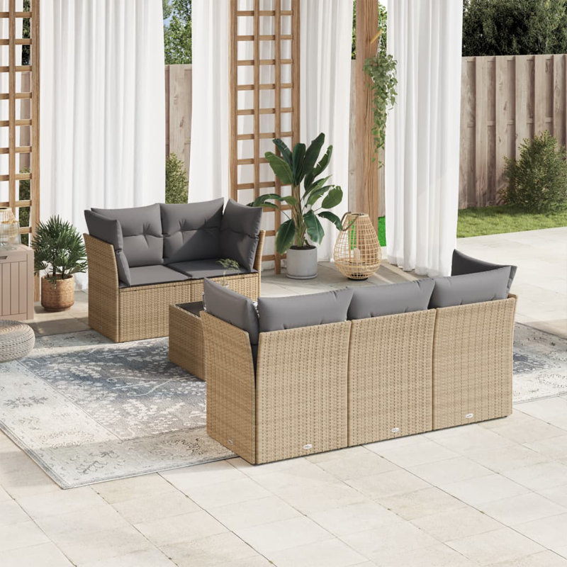  Ensemble de canapé de jardin en rotin PE beige, acier thermolaqué, verre trempé, Grey Cushion/Beige Frame