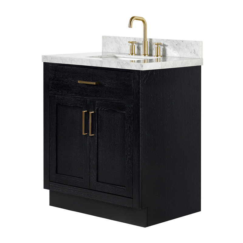 Tidworth 30'' Solid Wood Single Bathroom Vanity with 1.5'' Carrara Marble Top, Rectangular, Black Oak / Satin Brass