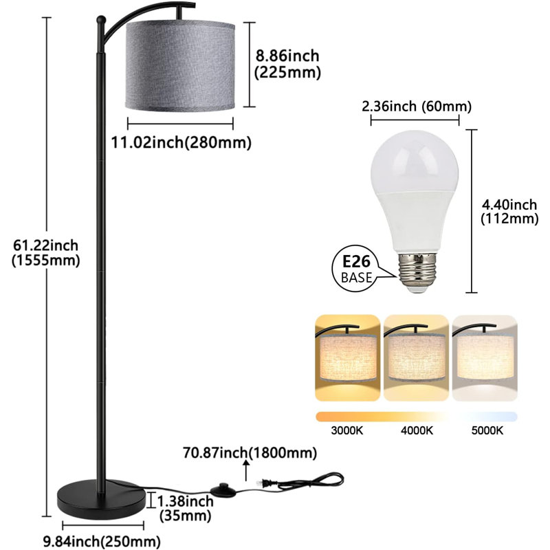 Floor Lamp For Living Room With 3 Color Temperatures LED Bulb, Standing Lamp Tall Industrial Floor Lamp For Bedroom, (9W LED Bulb, Wood Grain Pattern Lampshade Included) -Oil-Rubbed Bronze