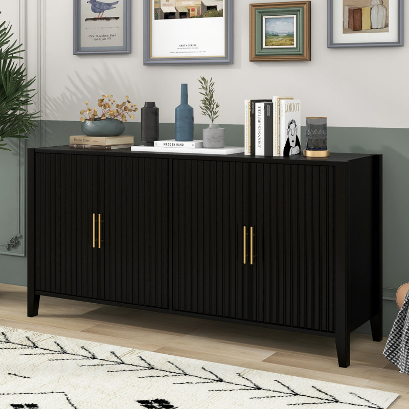 Buffet de 63,1 po avec portes à lattes ondulées et poignées en métal, Noir