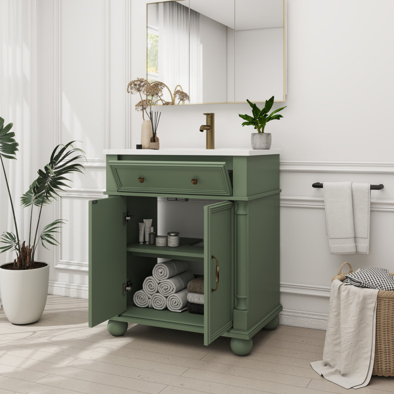Meuble-lavabo 28 po Mid-Century avec base colonne romaine, Vert