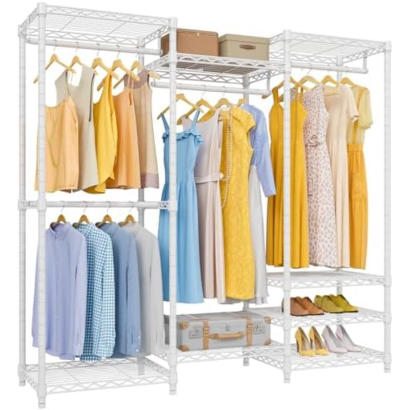 V5 Medium Portable Closet Wardrobe Heavy Duty Clothes Rack, Freestanding Closet Metal Clothing Rack With 4 Hang Rods & 8 Shelves, Adjustable Custom Closet Rack, 56.7" Lx15.7 Wx76.4 H, White