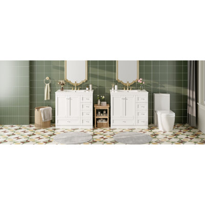 Meuble-lavabo autoportant de 72 po de style Shaker avec lavabo en céramique, tiroirs à fermeture en douceur et portes à fermeture en douceur