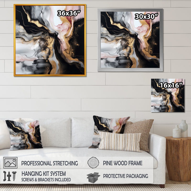 «Black Gold Marble Splash I», art mural abstrait en marbre, H 36 po x l 36 po x P 1,5 po, Toile avec cadre flottant noir