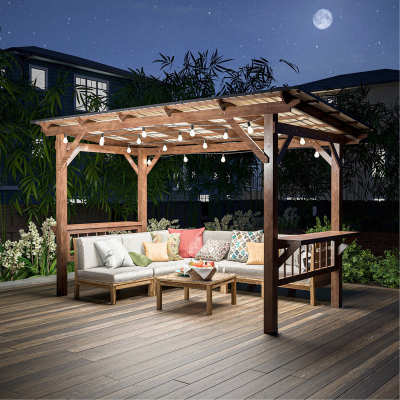 Pavillon de jardin en forme de pergola 13 'X 6' 5 'avec toit en métal et ampoules et comptoirs de bar