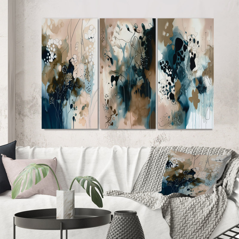 3 pièces sur toile - reflets abstraits bleus, Toile tendue, H 40 po x l 60 po