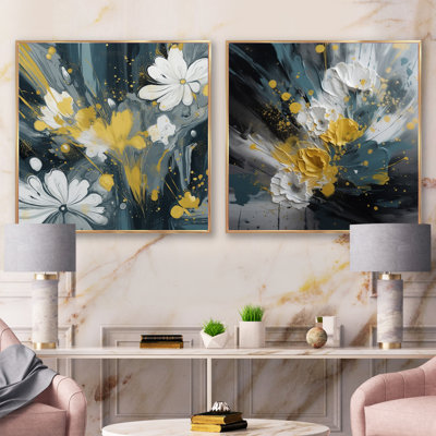 Paysage de jacinthe jaune et blanc - ensemble de 2 collages floraux carrés