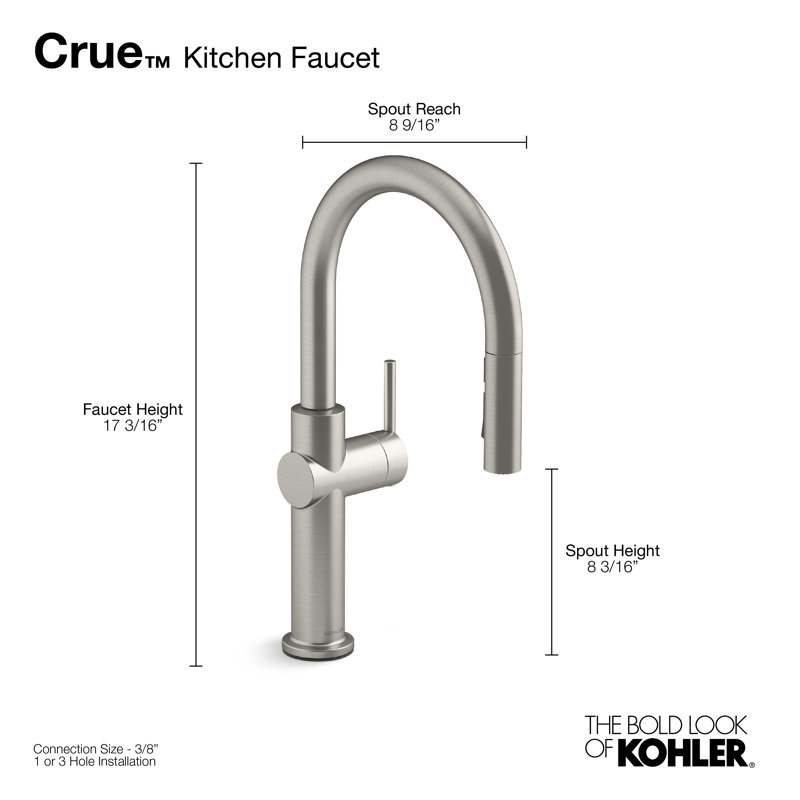 Kohler Crue Single Handle Pull Down Kitchen Faucet with Three-Function Pull Down Sprayer, Vibrant Stainless