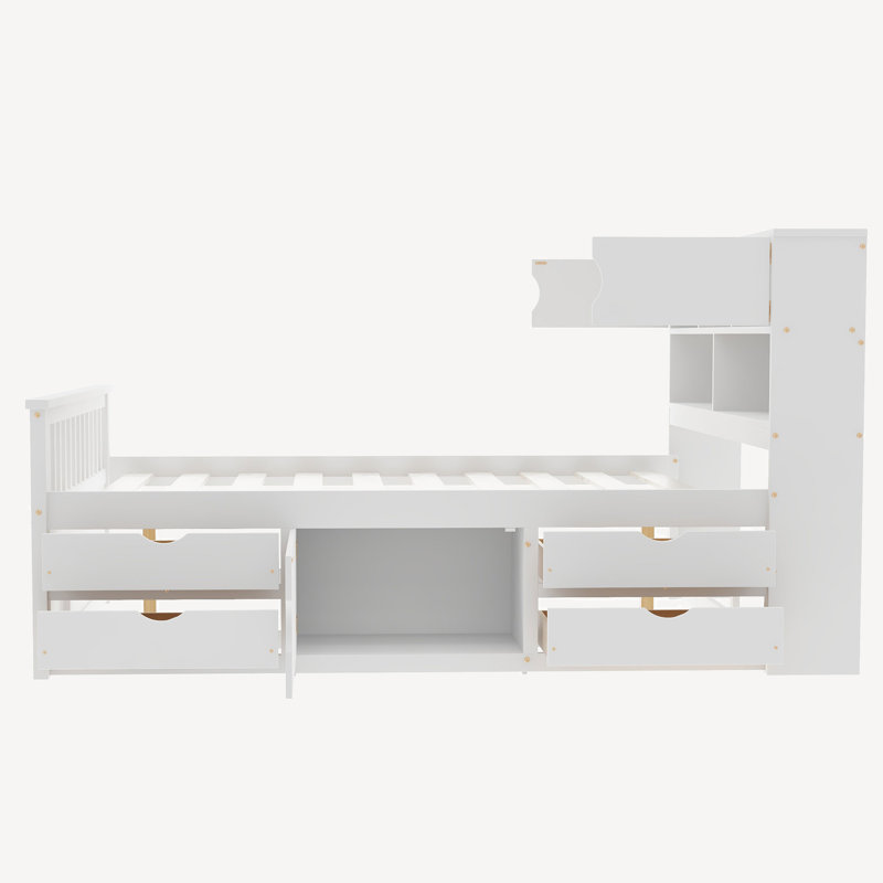 Structure de lit plateforme double avec bibliothèques de rangement et 4 tiroirs, Blanc