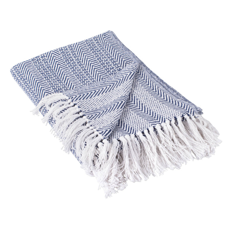 Nautical Blue Herringbone Cotton Throw Blanket with Fringe